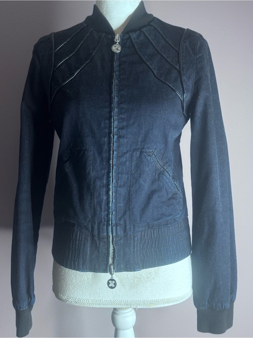 Armani Exchange Dark Navy Zip-Up Women's Denim Bomber Jacket Sz M